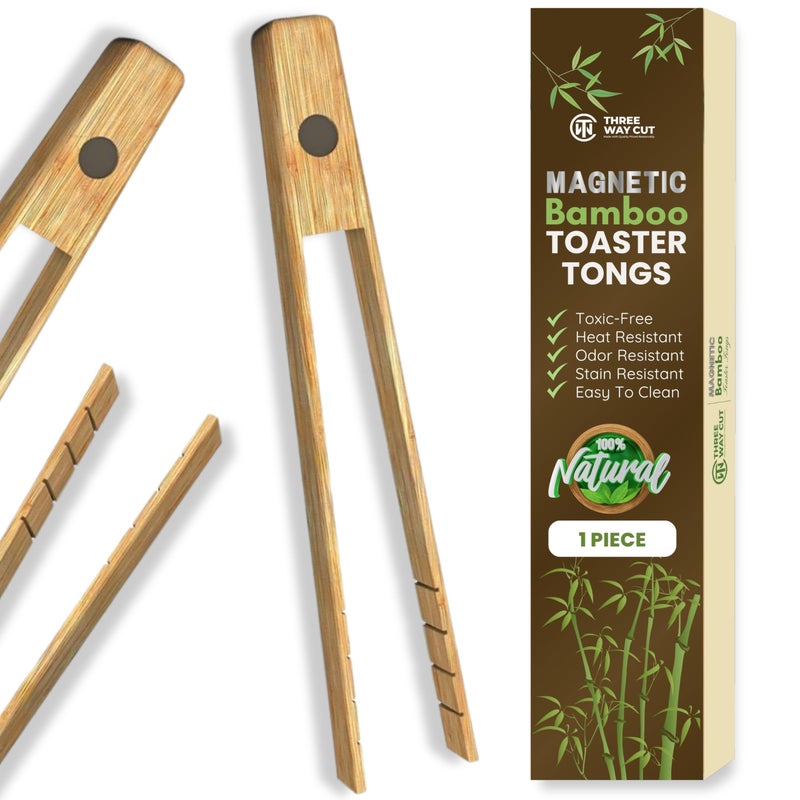 THREE WAY CUT Toaster Tongs With Magnet | Kitchen Utensils For Cooking and Holding Toast Bacon Muffin Bagel Bread | 8 Inch Long Natural Non Toxic Bamboo - Image 1